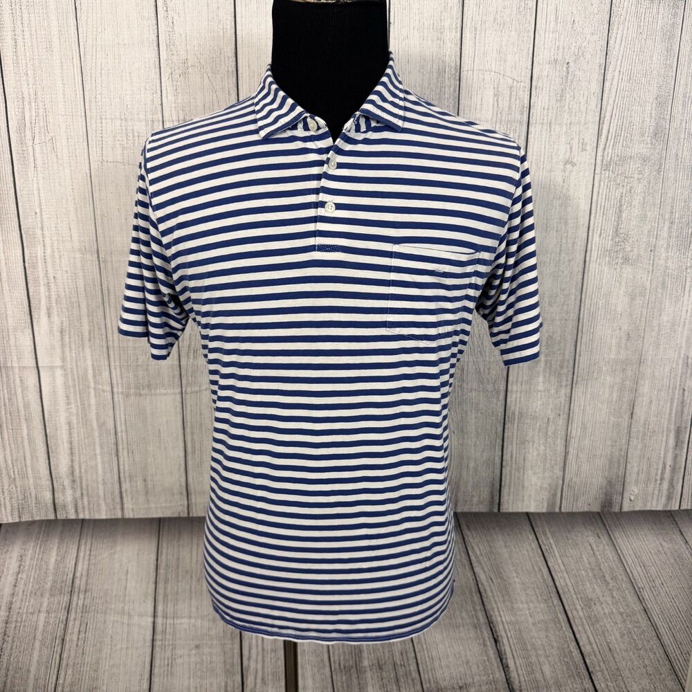 B. Draddy Men's Large Blue & White Striped Short Sleeve Polo Golf Shirt